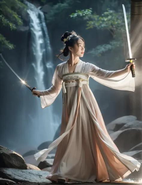 (masterpiece,best quality:1.5), asian woman wearing hanfu and holding a sword, light on face, mysterious, sword dancing waterfall
<lora:tangStyle_sdxl_autodl_v11:0.65>