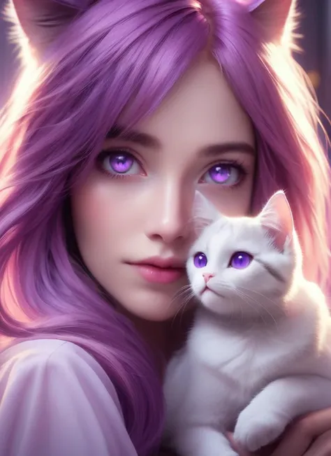 (Masterpiece:1. 5), (best quality:1. 5),cat and girl, pink, cinematic, 4k, details, super quality, mysterious, eyes detail, purple hair, portrait
