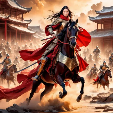 best quality,masterpiece,panoramic,ultra detailed,trending on artstaion,1woman,chinese general in the battlefield,full body,Black eyes,beauty detailed eye,Black hair,horsetail,gloves,full armour,gold breastplate,fighting enemies,cloak,detailed clothes description,beautiful and detailed facial depiction,(sky glows red,visual impact,giving the poster a dynamic and visually striking appearance:1.2),chinese architecture,detailed ice,close-up,dramatic angle,movie scene,natural light,the background is the battlefield,cinematic lighting,(golden ochre tone:1.4),