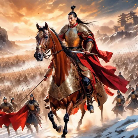 best quality,masterpiece,panoramic,ultra detailed,trending on artstaion,chinese man,chinese general in the battlefield,full body,Black eyes,beauty detailed eye,Black hair,horsetail,gloves,full armour,gold breastplate,fighting enemies,cloak,detailed clothes description,beautiful and detailed facial depiction,(sky glows red,visual impact,giving the poster a dynamic and visually striking appearance:1.2),chinese architecture,detailed ice,close-up,dramatic angle,movie scene,natural light,the background is the battlefield,cinematic lighting,(golden ochre:1.4),