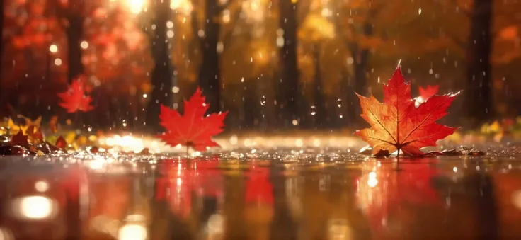 masterpiece,best quality,rain style,sunlight,light,puddle,beautiful lighting,blowing,reflection,autumn leaves,maple leaf,red particles,depth of field,forest,