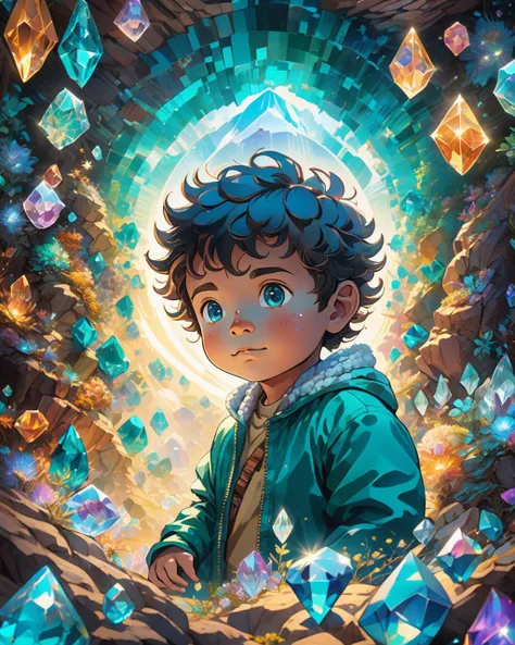 (masterpiece:1.1), (highest quality:1.1), (HDR:1.0), reflections, aboriginal art, (detailed), (8k), (cinematic lighting), (sharp focus), (intricate),( studio Ghibli:1.3) bright light colours colorful, cinematic lighting, moon, night, cinematic lighting, fantasy background, dynamic angle, face focus, extremely detailed, (abstract background, zentangle, fractal art:1.3), (many colors, colorful:1.1), (crystals:1.3), dynamic pose, looking at viewer, (transparent glowing cute male baby looking through refracted crystal facets :1.1) spirit cave, bright beautiful clouds, ethereal , (sparkling giant teal and tan quartz crystal points, clusters:1.1), (highly detailed deep sparkling happy eyes:1.0) , detailed, realistic, 8k uhd, high quality