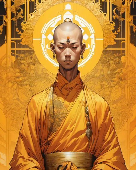 elaborate portrait of a monk by Laurey Greasley and Takeshi Obata, desire to achieve enlightenment, nirvana, yellow, orange, cyberpunk, detailed, realistic, 8k uhd, high quality