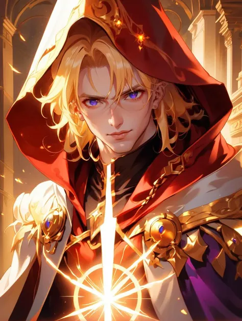 (masterpiece, best quality), anime, anime style, illustration, , of a male, dressed as a Fool, with blonde hair, with a male , wearing a mage hood, close-up, stood, concept art, cinematic, volumetric lighting, highly detailed, 8k