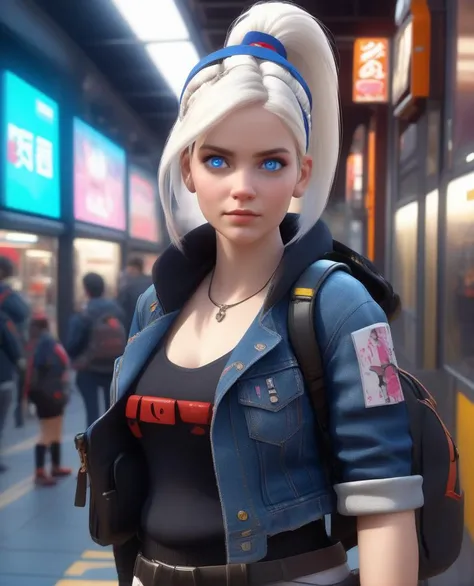 A cute young lady with white ponytailed hair, horn headband, wearing a dark denim jacket, a backpack with a katana, blue eyes, cyberpunk, subway, hyperrealism, photorealistic, 8k, unreal engine, 3d render, anime, anime style, illustration, mysterious mix