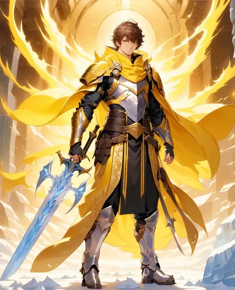 weapon, sword, solo, armor, 1boy, male focus, monochrome, yellow theme, shield, facial hair, helmet, beard, boots, cape, standing, full body, shoulder armor, sheath, pauldrons, holding weapon, full armor, holding sword, tabard, holding, robe, magic effect, abstract background, ice
anime, anime style, illustration