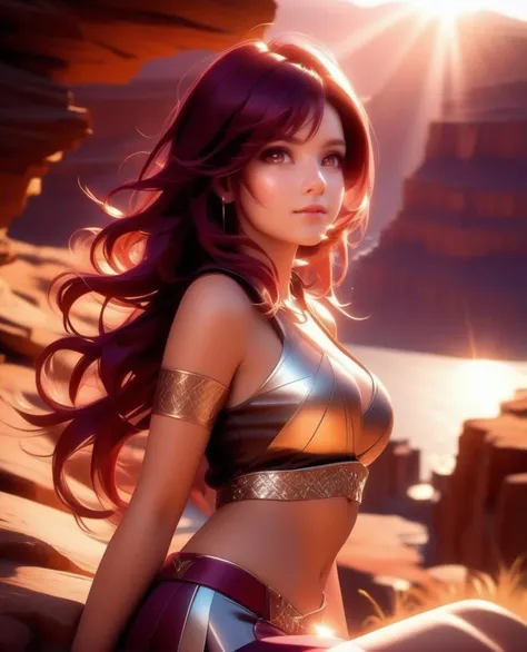 (masterpiece, best quality), mysterious, fantasy
kawaii petite minor 1girl eyeliner skindantation large breasts  (eyes visible through hair)
brown eyes, 
- burgundy hair, 
medium hair , 
pixie cut, 
drill hair , 
hair_pulled_back, 
sideburns , 
wavy mouth, 
embarrassed , 
silver cycle-wear  pantyhose sandales
grand canyon, warm light sunset, rays light sparkles lens flare deep shadows, depth of field peerless scenery sentimental