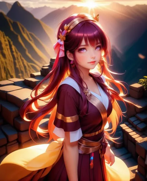 (masterpiece, best quality), mysterious, fantasy
kawaii petite minor 1girl eyeliner skindantation large breasts  (eyes visible through hair)
gradient eyes, 
deep amber hair, 
very long hair , 
low twintails, 
streaked hair , 
crossed bangs, 
hair flaps , 
:D, 
embarrassed , 
burgundy serafuku, iridescence checked pleated_skirtskirt  socks dress shoes
Machu Picchu, warm light sunset, rays light sparkles lens flare deep shadows, depth of field peerless scenery sentimental