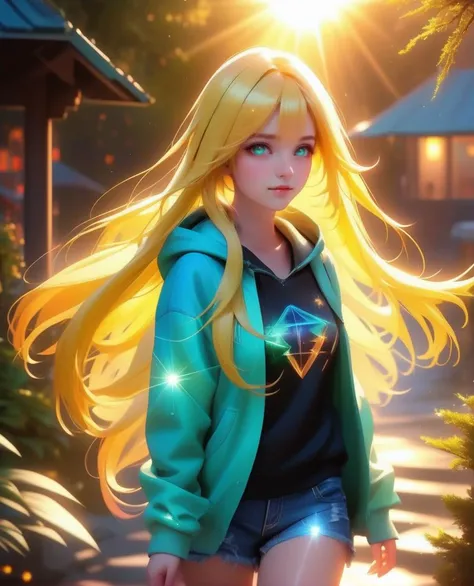 (masterpiece, best quality), mysterious, fantasy
kawaii petite minor 1girl eyeliner skindantation flat chest (eyes visible through hair)
coral eyes,
- yellow hair,
long hair ,
side ponytail,
streaked hair ,
one eye visible through hair,
sideburns ,
pupils sparkling,
,
head_tilt standing
pale black hoodie turquoise denim shorts ankle socks slippers
Niagara Falls, warm light sunset, rays light sparkles lens flare deep shadows, depth of field peerless scenery sentimental