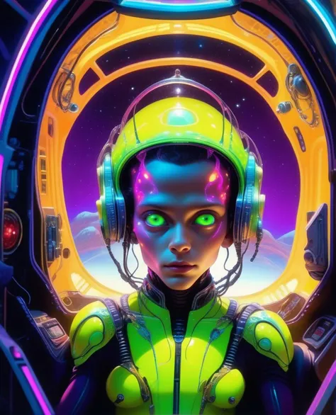 mysterious, fantasy, fantasy art, mysterious space
close portrait, raw photo, a [sexy bald girl:alien extraterrestrial gelatinous creature, big head:0.2], (plain shiny big eyes:1.3), foreign lifeform, (inside his spaceship alien cockpit:1.1), his head wired to commands, highly detailed, neon lights highly detailed, best quality, dark shadows, vibrant colors