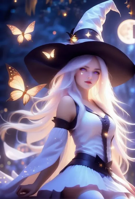 (masterpiece, best quality), HD, 1girl,(Tattered clothes:1.1),long white hair, (white stockings:1.1),white large witch hat,witch costume, butterflies, fantasy,(light:1.3),dark theme,magic,moon,upper body, mysterious, fantasy, magic effect, glowing, bokeh