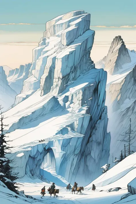 (Extreme Drawing:1.3) of (Technical illustration:1.3) of (An icy landscape with towering glaciers and frozen ice cliffs. The color palette includes icy blues, whites, and silver hues, creating a frigid and serene ambiance), Ambient Occlusion, Tone Mapping, Shaders, SSAO, Natural Lighting, Volumetric Lighting, Volumetric Light, Volumetric, Accent Lighting, absurdres, high resolution, (8k resolution), 8k, 8kres, 8k res, super resolution, ultra hd, megapixel, high details, detailed and intricate, intricate details, high intricate details, absurd amount of details, landscape, outdoors,(by Artist Arthur Rackham:1.3),(by Artist Andrew Loomis:1.3),(American Scene Painting:1.3),naturalism,land Art,regionalism,shutterstock contest winner,trending on unsplash,featured on Flickr