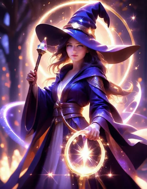 create a character dressed in a witch costume holding a shining wand, female mage conjuring a spell, dark fantasy female mage, female sorceress portrait, beautiful female sorceress, female magician, --auto --s2