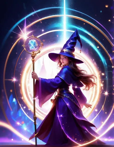 mysterious, fantasy, 1girl, solo, wizard hat, robe, holding staff, on magic circle, sparkles, light particles, crystal, prism, glowing light, magic effect
