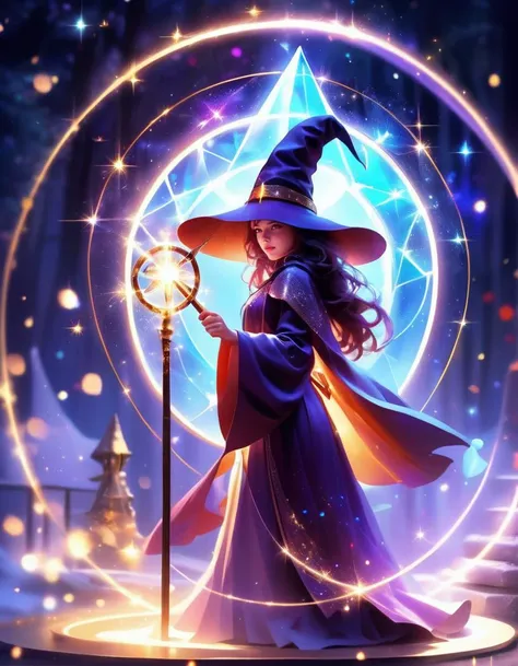 mysterious, fantasy, 1girl, solo, wizard hat, robe, holding staff, on magic circle, sparkles, light particles, crystal, prism, glowing light, magic effect