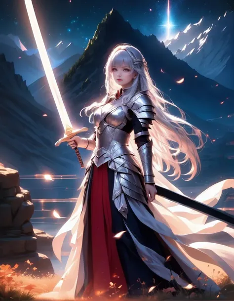 mysterious, fantasy, masterpiece, kawaii, moe, aesthetic, extremely beautiful, 1girl, solo, standing, (holding sword:1.5), front view, looking at viewer, from below, close up, silver hair, straight hair, long hair, blunt bangs, red eyes, determined, serious, large breasts, holy knight, armor dress, scenery, mountain, fantasy, midnight, night sky, sparkles, light particles, glowing light, bloom, ambient occlusion, best quality, extremely high quality, high quality, ultra quality