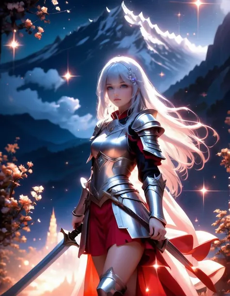 mysterious, fantasy, masterpiece, kawaii, moe, aesthetic, extremely beautiful, 1girl, solo, standing, (holding sword:1.5), front view, looking at viewer, from below, close up, silver hair, straight hair, long hair, blunt bangs, red eyes, determined, serious, large breasts, holy knight, armor dress, scenery, mountain, fantasy, midnight, night sky, sparkles, light particles, glowing light, bloom, ambient occlusion, best quality, extremely high quality, high quality, ultra quality