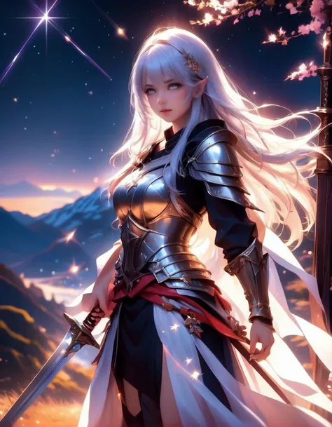 mysterious, fantasy, masterpiece, kawaii, moe, aesthetic, extremely beautiful, 1girl, solo, standing, (holding sword:1.5), front view, looking at viewer, from below, close up, silver hair, straight hair, long hair, blunt bangs, red eyes, determined, serious, large breasts, holy knight, armor dress, scenery, mountain, fantasy, midnight, night sky, sparkles, light particles, glowing light, bloom, ambient occlusion, best quality, extremely high quality, high quality, ultra quality