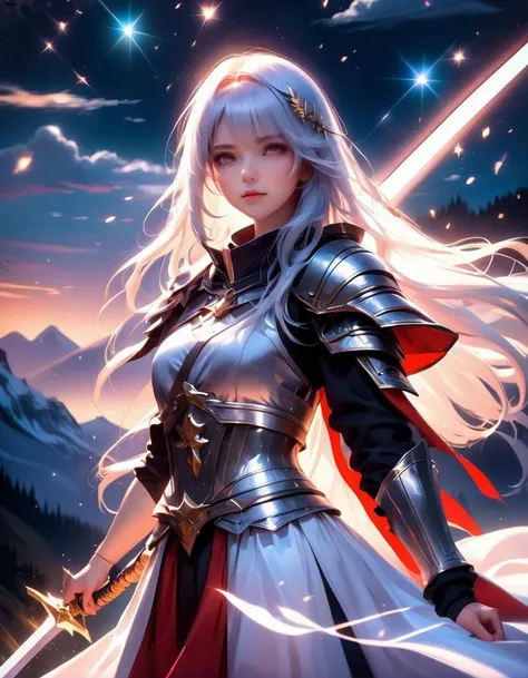 mysterious, fantasy, masterpiece, kawaii, moe, aesthetic, extremely beautiful, 1girl, solo, standing, (holding sword:1.5), front view, looking at viewer, from below, close up, silver hair, straight hair, long hair, blunt bangs, red eyes, determined, serious, large breasts, holy knight, armor dress, scenery, mountain, fantasy, midnight, night sky, sparkles, light particles, glowing light, bloom, ambient occlusion, best quality, extremely high quality, high quality, ultra quality