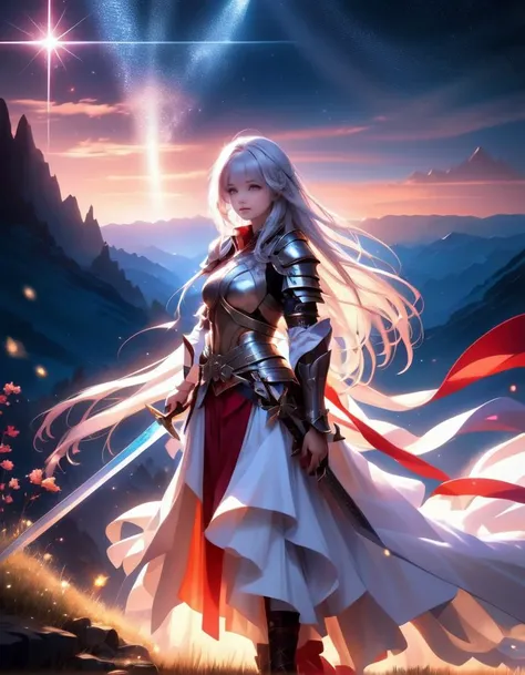 mysterious, fantasy, masterpiece, kawaii, moe, aesthetic, extremely beautiful, 1girl, solo, standing, (holding sword:1.5), front view, looking at viewer, from below, close up, silver hair, straight hair, long hair, blunt bangs, red eyes, determined, serious, large breasts, holy knight, armor dress, scenery, mountain, fantasy, midnight, night sky, sparkles, light particles, glowing light, bloom, ambient occlusion, best quality, extremely high quality, high quality, ultra quality