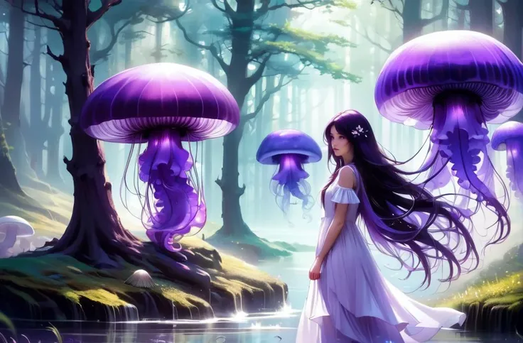 mysterious, fantasy, masterpiece, purple jellyfish,(jellyfishforest:1.4), 1girl, mushroom, dress, long hair, scenery, white dress, solo, nature, water, wading, outdoors, tree, standing, black hair, fantasy, forest