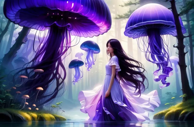 mysterious, fantasy, masterpiece, purple jellyfish,(jellyfishforest:1.4), 1girl, mushroom, dress, long hair, scenery, white dress, solo, nature, water, wading, outdoors, tree, standing, black hair, fantasy, forest