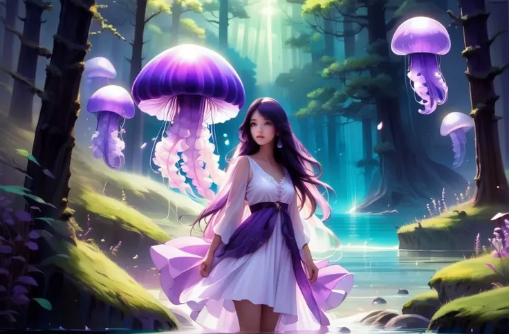 A woman in a white dress is walking through a forest - SeaArt AI