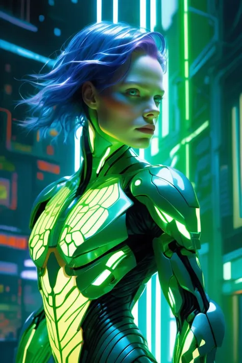(Recycled Photo:1.3) of (Graphic novel:1.3) of ((Bioenhanced Sentinel, A genetically enhanced guardian in a living, symbiotic armor with pulsating bioluminescent veins. The color palette blends organic greens, blues, and iridescent hues, projecting a harmonious blend of nature and technology:1.3)), Tone Mapping, Ambient Occlusion, SSAO, Volumetric Lighting, Volumetric Light, Volumetric, Natural Lighting, absurdres, high resolution, (8k resolution), 8k, 8kres, 8k res, high details, detailed and intricate, intricate details, high intricate details, absurd amount of details, super resolution, ultra hd, megapixel, Deep Focus, Hip Level Shot, Quarter Turn Camera Staging, From Front, From Side, "Frontal Full Body Pose, Highlights the overall body shape and symmetry", "Futuristic, Sci-fi, Sleek, Cutting-edge",(by Artist Erin Hanson:1.3),(by Artist Victo Ngai:1.3),Highly Detailed,(Dark Wave Art:1.3),(Expressionism:1.3)