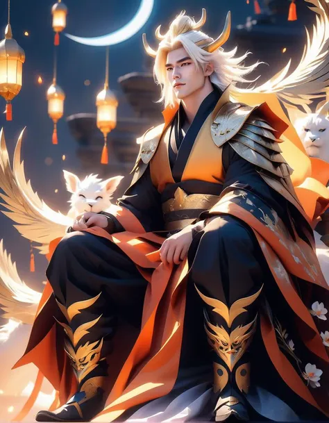 best quality, masterpiece, of a male, dressed as a Enchanter, with platinum hair, with a male fantasy hairstyle, wearing a oni mask, SamuraiPunkAI, <lora:SamuraiPunkAIv3:.5>, close-up, sat, In a floating citadel in the sky, where knights ride on the backs of griffins,, realistic, concept art, cinematic, volumetric lighting, highly detailed, 8k