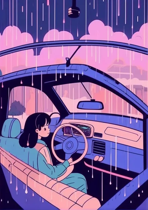 1 girl sitting in a car, hands on the steering wheel, it's raining outside, lofi style
