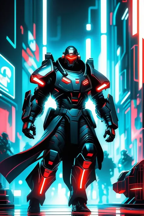 (Exciting Vector image:1.3) of (Graphic novel:1.3) of (A formidable mercenary with cybernetic enhancements, sleek armor, and glowing red eyes. Cyberpunk blacks, neon glows, and metallic accents. Intense and high-tech..:1.3), quarter stage turn, ((Natural Lighting, Volumetric Lighting, Volumetric Light, Volumetric, absurdres, high resolution, (8k resolution), 8k, 8kres, 8k res, super resolution, ultra hd, megapixel)),,(by Artist Bob Haberfield:1.3),(by Artist Masamune Shirow:1.3),(by Artist Tarsila do Amaral:1.3),(Flat style:1.3),Illustration,Behance,(Pre-Raphaelitism:1.3)