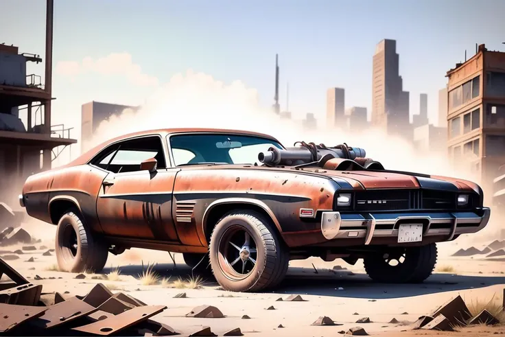 (The American hotrod muscle car stands as a hulking emblem of defiance in the desolate dystopian world. Its rusted exterior is adorned with makeshift armor plates, showcasing a fearless improvisation against adversity. A towering supercharger protrudes menacingly from the hood, hinting at raw power amidst the chaos. Jagged metal spikes line the wheels, doubling as both defense and intimidation. Bathed in a grimy, post-apocalyptic patina, this car exudes an aura of relentless strength and survival against all odds)
