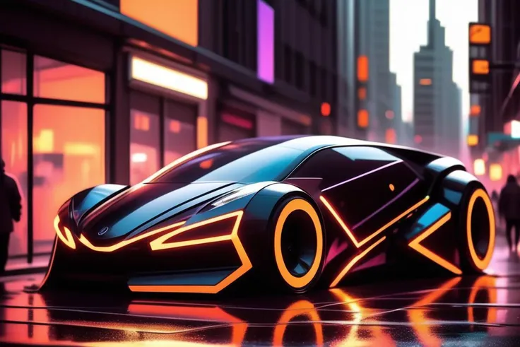(The car stands as a sinister embodiment of the dystopian future, its sleek frame draped in matte black armor that glistens under the oppressive neon glow of the city. Angular and aggressive, its body is a fusion of sharp edges and curved vents, exuding an aura of menace. The windows are tinted with an opaque sheen, concealing the occupants within while giving off an air of mystery. Low to the ground, it seems to hover on a cushion of darkness, with pulsating LED strips tracing ominous patterns along its sides. Foreboding and formidable, this car is the perfect visual metaphor for the chaos and danger that define the world it roams.)