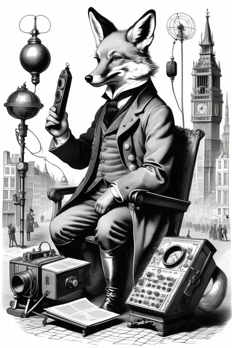 (intricate etched lineart:1.2) of (art by Jean Ignace Isidore Grandville:1.3) of (The Communication Fox, A fox with communication equipment, relaying vital information. Communication blues, tactical grays, and technology accents. Connected and strategic:1.3),character focus, Natural Lighting, Volumetric Lighting, Volumetric Light, Volumetric, absurdres, high resolution, (8k resolution), 8k, 8kres, 8k res, super resolution, ultra hd, megapixel, Establishing Shot, Deep Focus, Hip Level Shot, Quarter Turn Camera Staging, From Front, From Side,