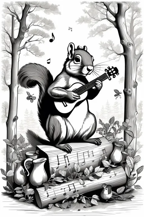 (intricate etched lineart:1.2) of (art by Jean Ignace Isidore Grandville:1.3) of (Creative Squirrel Musician, A creative squirrel with musical instruments, ready to play. Squirrel browns, musical notes, and woodland greens. Creative and musical:1.3),character focus, Natural Lighting, Volumetric Lighting, Volumetric Light, Volumetric, absurdres, high resolution, (8k resolution), 8k, 8kres, 8k res, super resolution, ultra hd, megapixel, Establishing Shot, Deep Focus, Hip Level Shot, Quarter Turn Camera Staging, From Front, From Side,