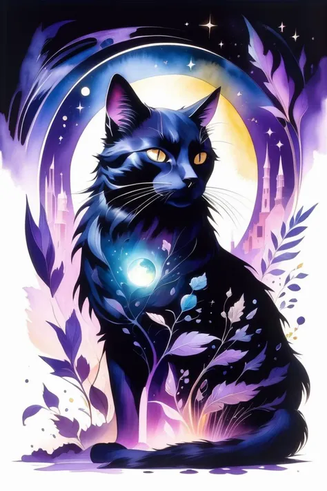(Watercolor painting) of (art by Jean Ignace Isidore Grandville:1,3) of (Mysterious Black Cat, A mysterious black cat with a sense of magic and mystique. Cat blacks, mystical purples, and moonlit blues. Mysterious and enigmatic:1.3),character focus, Natural Lighting, Volumetric Lighting, Volumetric Light, Volumetric, absurdres, high resolution, (8k resolution), 8k, 8kres, 8k res, super resolution, ultra hd, megapixel, Establishing Shot, Deep Focus, Hip Level Shot, Quarter Turn Camera Staging, From Front, From Side,