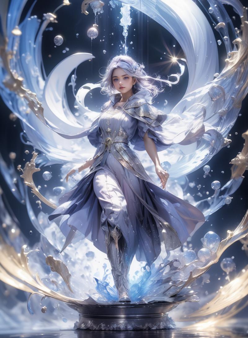 A woman in a white dress standing in front of a circular object - SeaArt AI