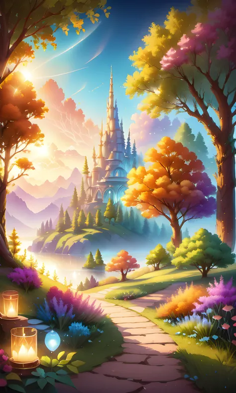 breathtakingly vivid and harmonious scene that captures the essence of a magical sunrise over an otherworldly landscape, fantastical realm, vivid color, unreal engine, 3D, UHD, 8k, (Masterpiece detailed artwork:1.5), photographic, 35mm film, dslr, realistic, realism,, warm and soft pastel hues, tranquil, intertwining branches, luminescent flowers emitting a soft, soothing glow, enchanting ambiance,, Visually Striking, Aesthetic,introspection, Nostalgia and Futurism, Nature and Technology Fusion