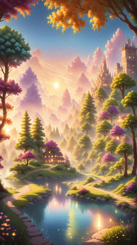 breathtakingly vivid and harmonious scene that captures the essence of a magical sunrise over an otherworldly landscape, fantastical realm, vivid color, unreal engine, 3D, UHD, 8k, (Masterpiece detailed artwork:1.5), photographic, 35mm film, dslr, realistic, realism,, warm and soft pastel hues, tranquil, intertwining branches, luminescent flowers emitting a soft, soothing glow, enchanting ambiance,, Visually Striking, Aesthetic,introspection, Nostalgia and Futurism, Nature and Technology Fusion