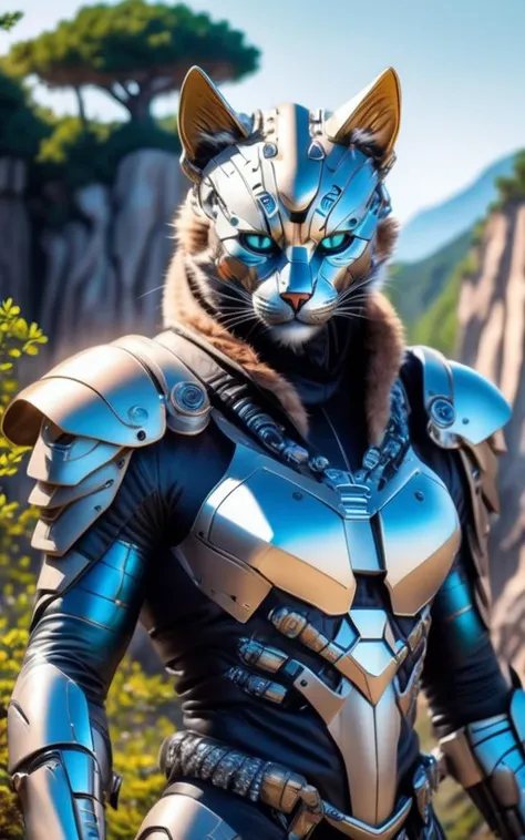 (highest quality), masterpiece, intricate, high detail, professional photo, 8k uhd, sharp focus, (realistic photograph:1.2),a cybernetic cat man wears futuristic armor with weapons, look at the viewer,on a cliff, a forest background,(beautiful details fur and ears:1.2), (delicate facial features:1.2)