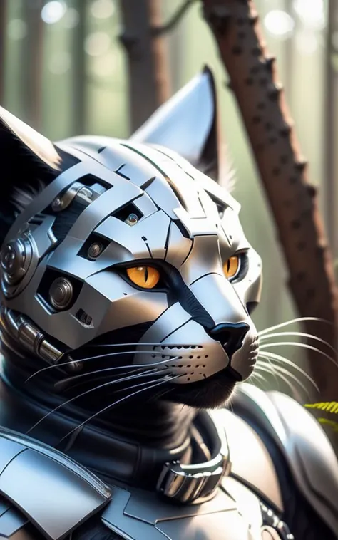 (highest quality), masterpiece, intricate, high detail, professional photo, 8k uhd, sharp focus, (realistic photograph:1.2),a cybernetic cat wears futuristic armor with weapons, look at the viewer,in a forest,(beautiful details fur and ears:1.2), (delicate facial features:1.2)