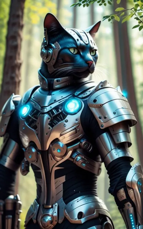 (highest quality), masterpiece, intricate, high detail, professional photo, 8k uhd, sharp focus, (realistic photograph:1.2),a cybernetic cat wears futuristic armor with weapons, look at the viewer,in a forest