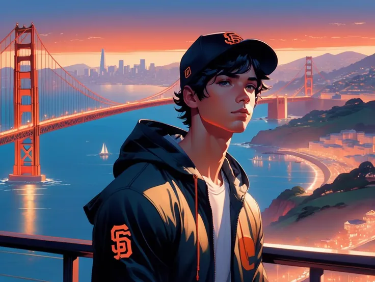 (masterpiece,best quality, ultra realistic,32k,RAW photo,detailed skin, 8k uhd, high quality:1.2),
advertising poster style highly detailed portrait of man wearing a windbreaker and black san francisco giants hat with a view of the golden gate bridge, happy ambience, stephen bliss, unreal engine, fantasy art by greg rutkowski, loish, rhads, ferdinand knab, makoto shinkai and lois van baarle, ilya kuvshinov, rossdraws, tom bagshaw, global illumination, detailed and intricate environment , Professional, modern, product-focused, commercial, eye-catching, highly detailed