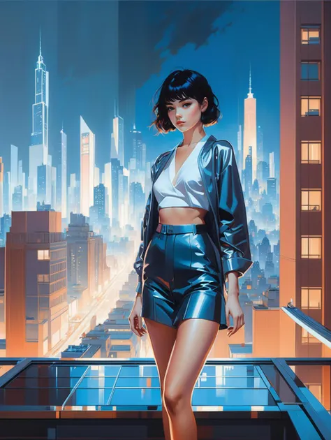 (masterpiece, best quality, ultra realistic, 32k, RAW photo, detailed skin, 8k uhd, high quality:1.2), metropolis-themed A ultradetailed beautiful painting of a stylish girl painting on a canvas, she is standing on a rooftop, by Ilya Kuvshinov, Greg Rutkowski and Makoto Shinkai, urban, cityscape, skyscrapers, modern, futuristic, highly detailed poster