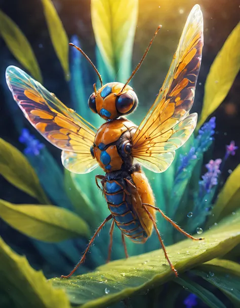 Macro photography of an imaginary magical insect, beautiful , , fantasy, sci fi, Breathtaking, amazing, vivid, colorful, on flower, leaves, plants, bug,water droplets,fusion,Masterpiece, (Photo realistic:1.5), DSLRm 8k, UHD, (ultra realistic:2), 