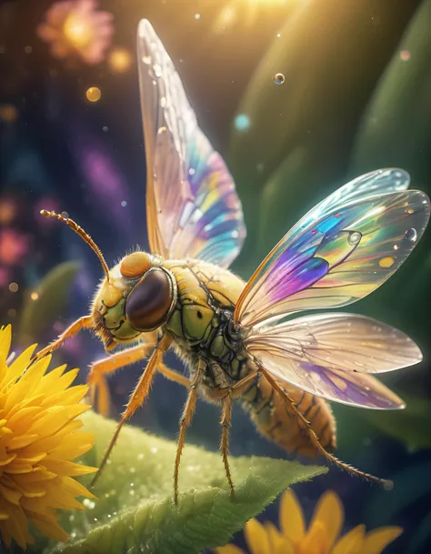 Macro photography of an imaginary magical insect, beautiful , , fantasy, sci fi, Breathtaking, amazing, vivid, colorful, on flower, leaves, plants, bug,water droplets,fusion,Masterpiece, (Photo realistic:1.5), DSLRm 8k, UHD, (ultra realistic:2),