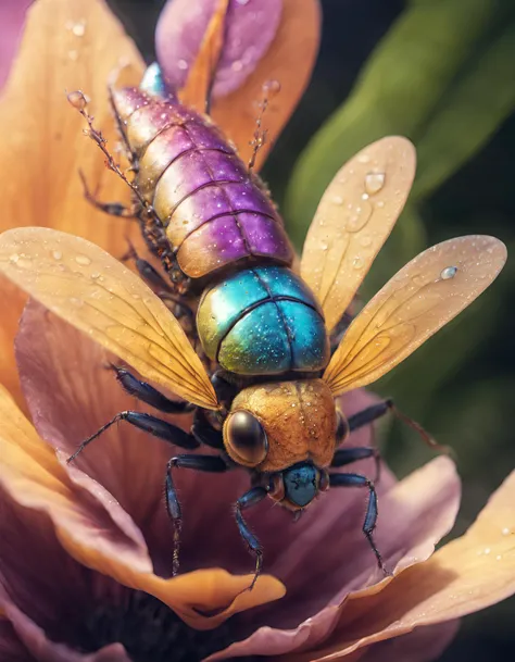 Macro photography of an imaginary magical insect, beautiful , , fantasy, sci fi, Breathtaking, amazing, vivid, colorful, on flower, leaves, plants, bug,water droplets,fusion,Masterpiece, (Photo realistic:1.5), DSLRm 8k, UHD, (ultra realistic:2),