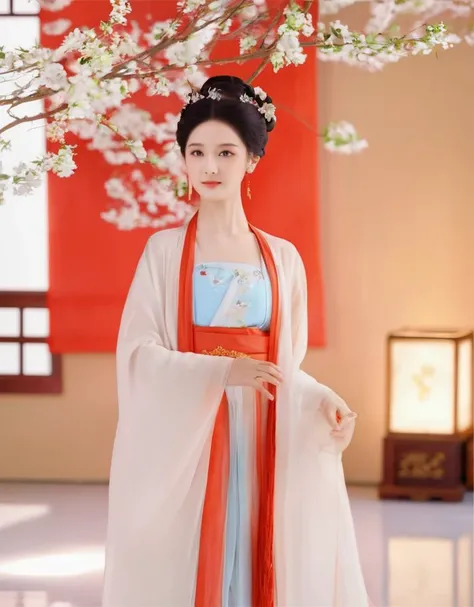 (masterpiece,best quality:1.5), 1girl, Daxiushan, Daxiushan style, black hair, branch, chinese clothes, dress, earrings, flower, hair bun, hair ornament, hanfu, jewelry, long hair, single hair bun, solo