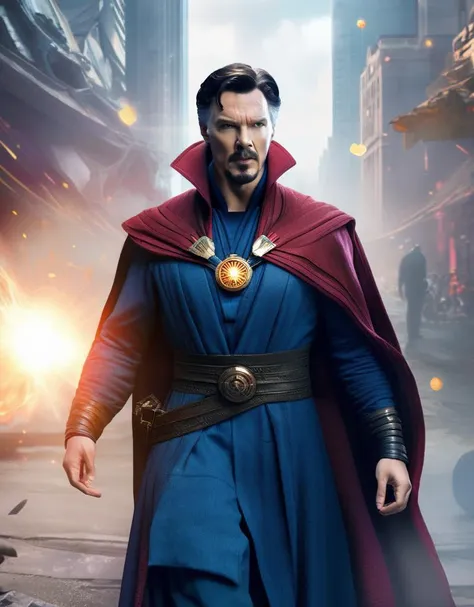 (masterpiece,best quality:1.5), Style-GravityMagic,   looking at viewer, solo, (full body:0.6), detailed background, close up, ( doctor strange theme:1.1), superhero, smug smile, dynamic pose,  urban battle scene, skyscrapers,  ruins,   concrete,  building frame, laser beams, explosions, battle scene,  cinematic atmosphere,