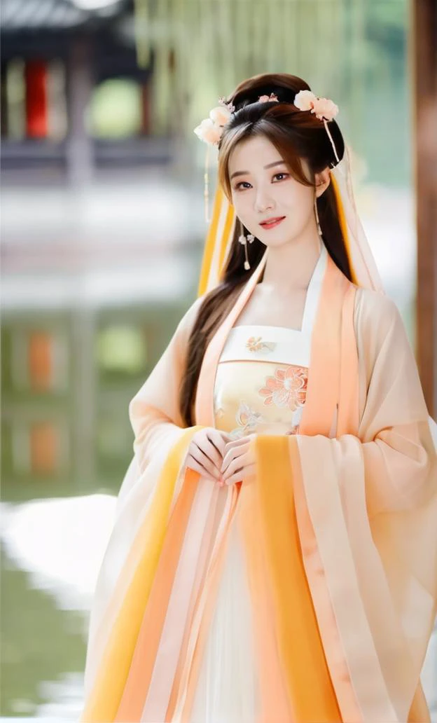 (masterpiece,best quality:1.5), 1girl, Daxiushan, Daxiushan style, blurry, blurry background, brown hair, flower, hanfu, holding, long hair, solo, upper body, veil